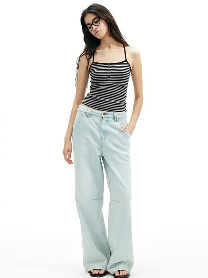 AFTADAWN Light Blue Washed Pleated Relaxed High Waist Women&