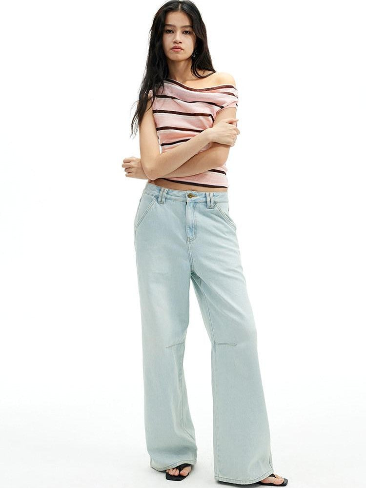 AFTADAWN Light Blue Washed Pleated Relaxed High Waist Women&