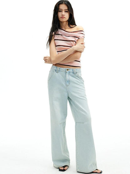 AFTADAWN Light Blue Washed Pleated Relaxed High Waist Women&