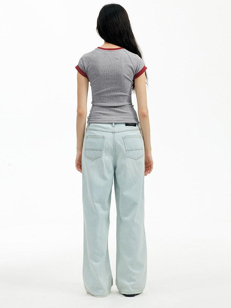 AFTADAWN Light Blue Washed Pleated Relaxed High Waist Women&