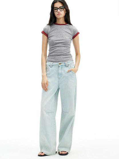AFTADAWN Light Blue Washed Pleated Relaxed High Waist Women&