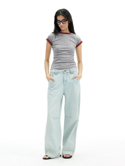 AFTADAWN Light Blue Washed Pleated Relaxed High Waist Women&