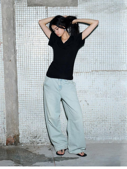 AFTADAWN Light Blue Washed Pleated Relaxed High Waist Women&