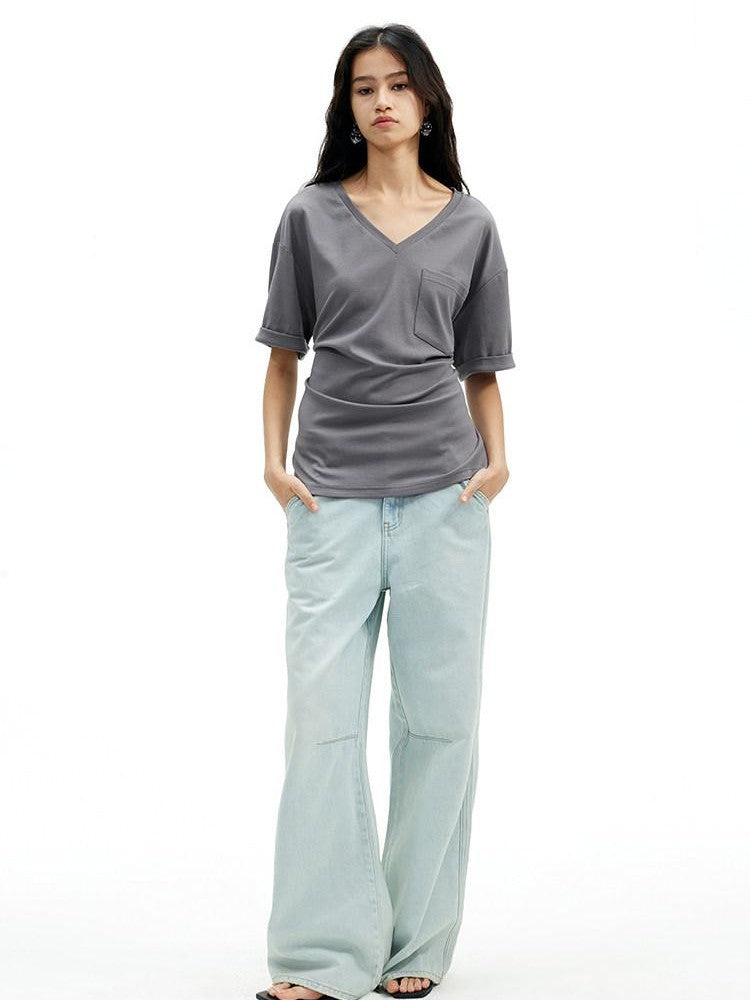 AFTADAWN Light Blue Washed Pleated Relaxed High Waist Women&