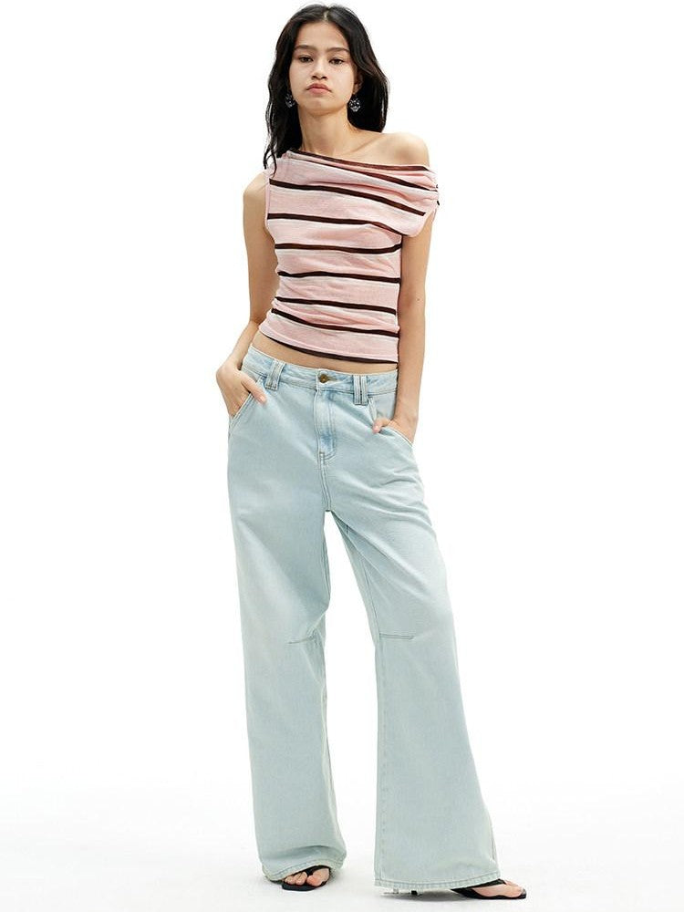 AFTADAWN Light Blue Washed Pleated Relaxed High Waist Women&