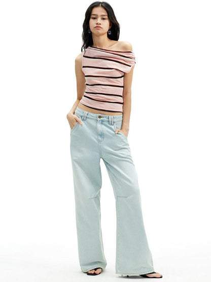 AFTADAWN Light Blue Washed Pleated Relaxed High Waist Women&
