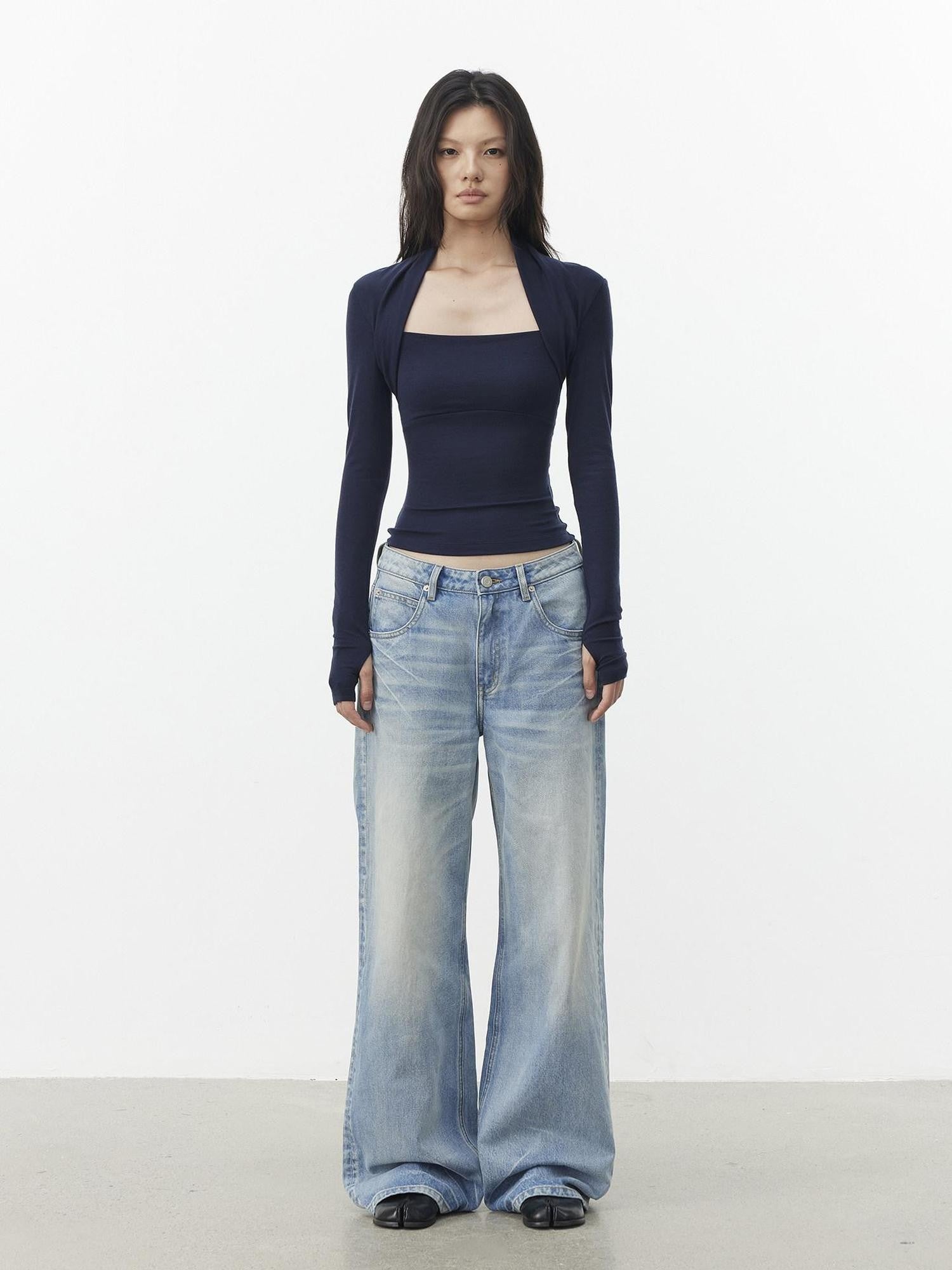 AFTADAWN Light Blue Waterwash Whisker Distressed Women&