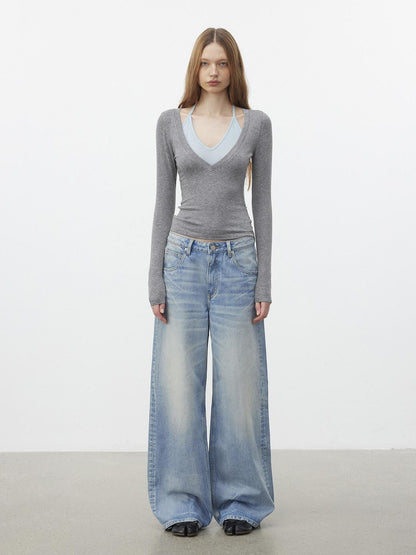 AFTADAWN Light Blue Waterwash Whisker Distressed Women&
