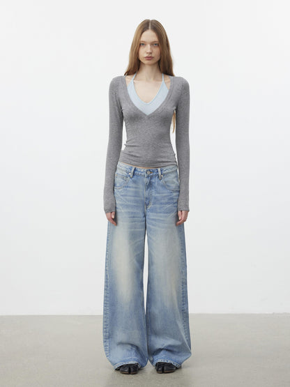 AFTADAWN Light Blue Waterwash Whisker Distressed Women&