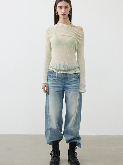 AFTADAWN Light Wash 3d Whisker Low Rise Relaxed Women&