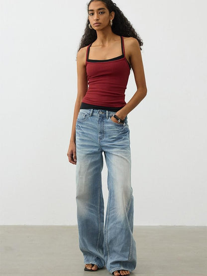 AFTADAWN Light Wash 3d Whisker Low Rise Relaxed Women&