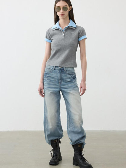 AFTADAWN Light Wash 3d Whisker Low Rise Relaxed Women&