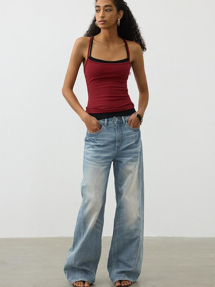 AFTADAWN Light Wash 3d Whisker Low Rise Relaxed Women&