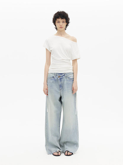 AFTADAWN Light Wash Distressed Low Rise Straight Leg Jeans