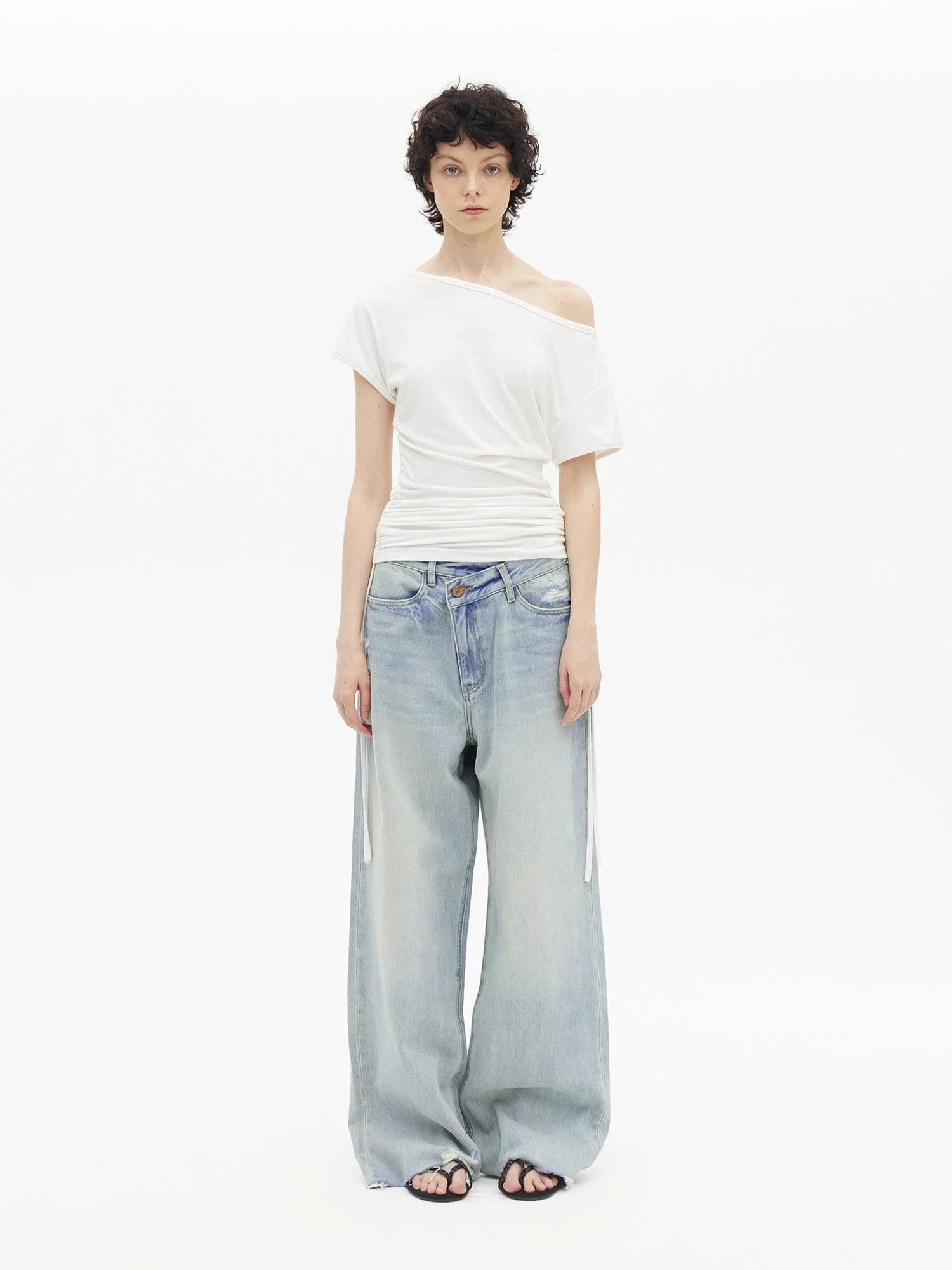 Light Wash Distressed Low Rise Straight Leg Jeans