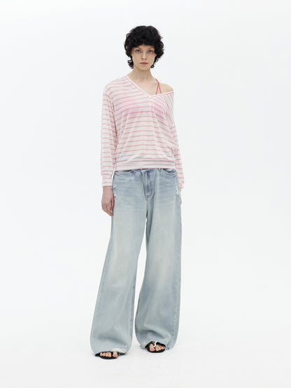 AFTADAWN Light Wash Distressed Low Rise Straight Leg Jeans