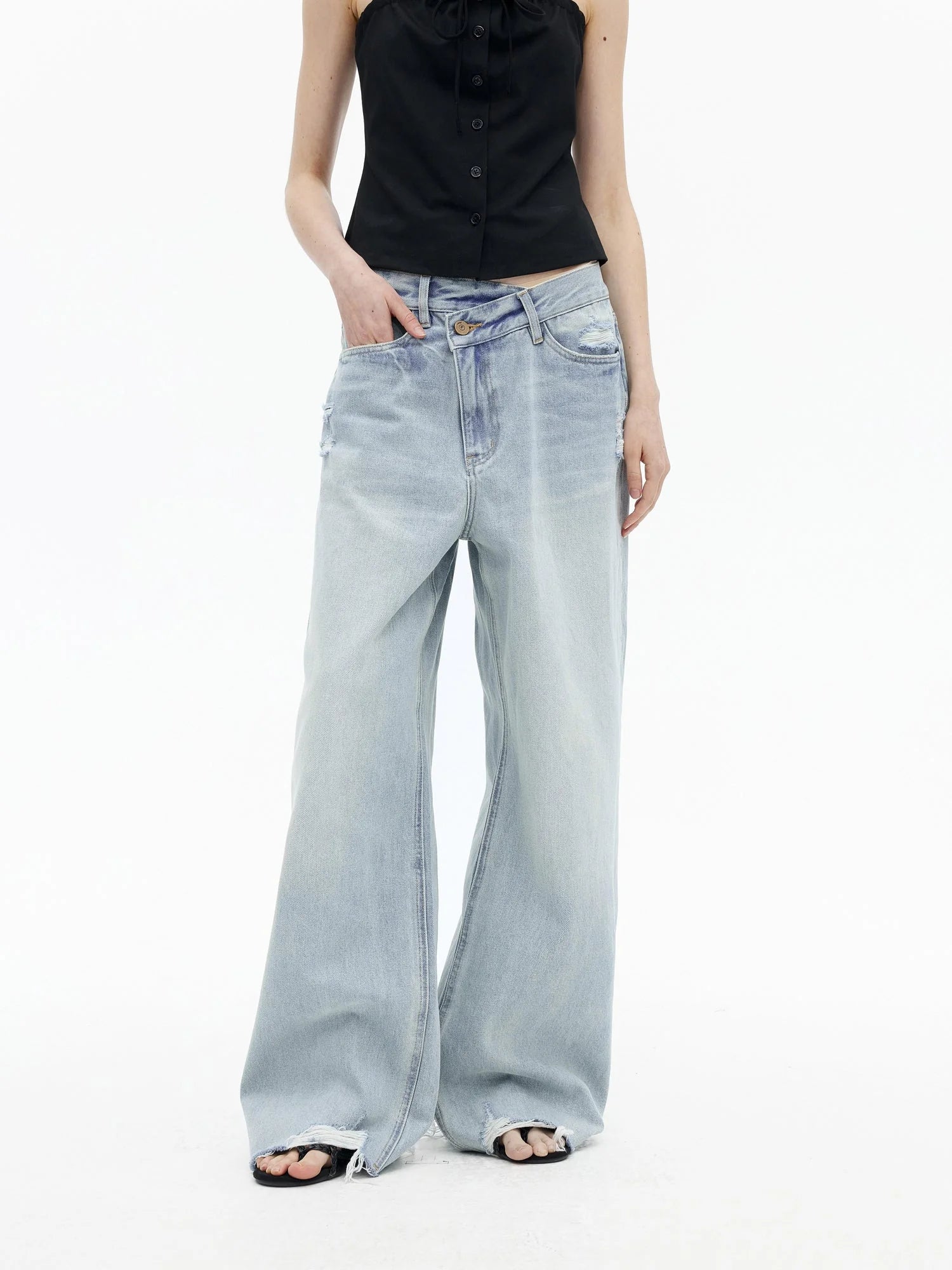 Light Wash Distressed Low Rise Straight Leg Jeans