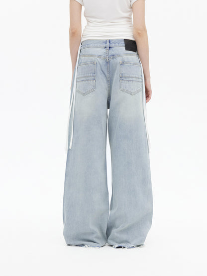 AFTADAWN Light Wash Distressed Low Rise Straight Leg Jeans