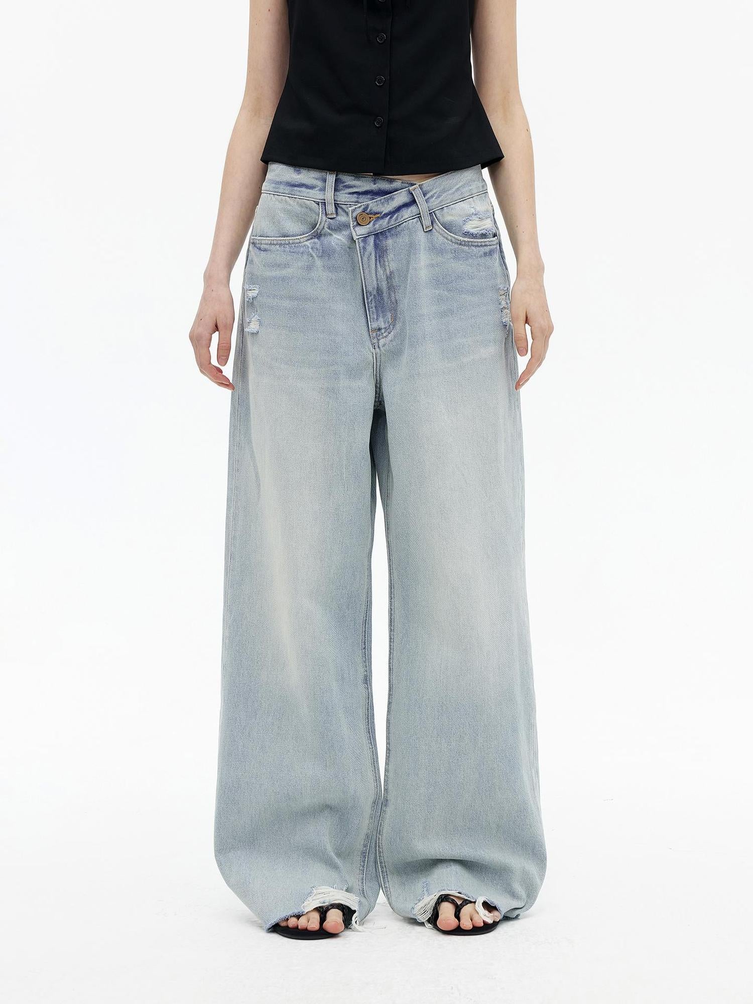 AFTADAWN Light Wash Distressed Low Rise Straight Leg Jeans