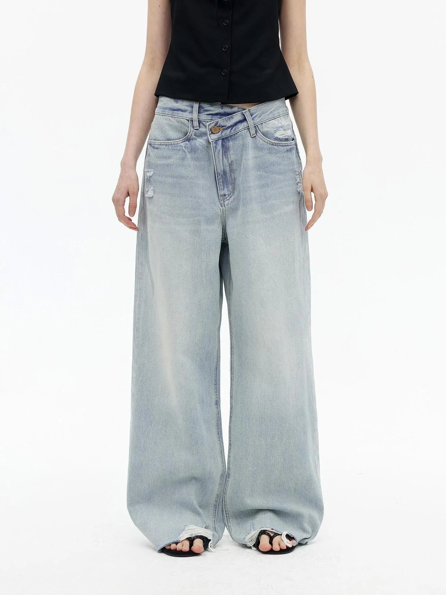 Light Wash Distressed Low Rise Straight Leg Jeans
