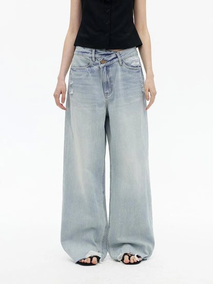 Light Wash Distressed Low Rise Straight Leg Jeans