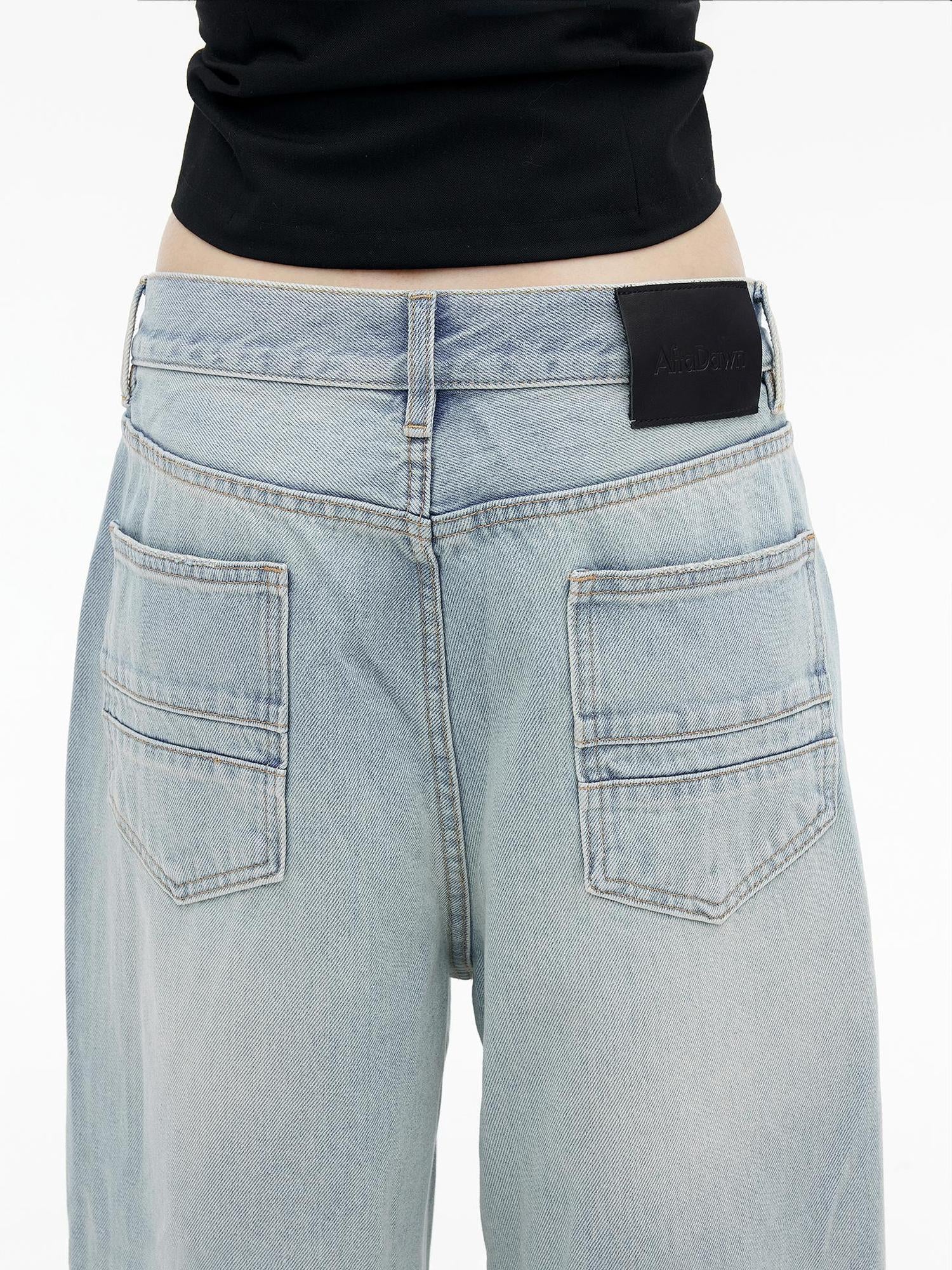 AFTADAWN Light Wash Distressed Low Rise Straight Leg Jeans