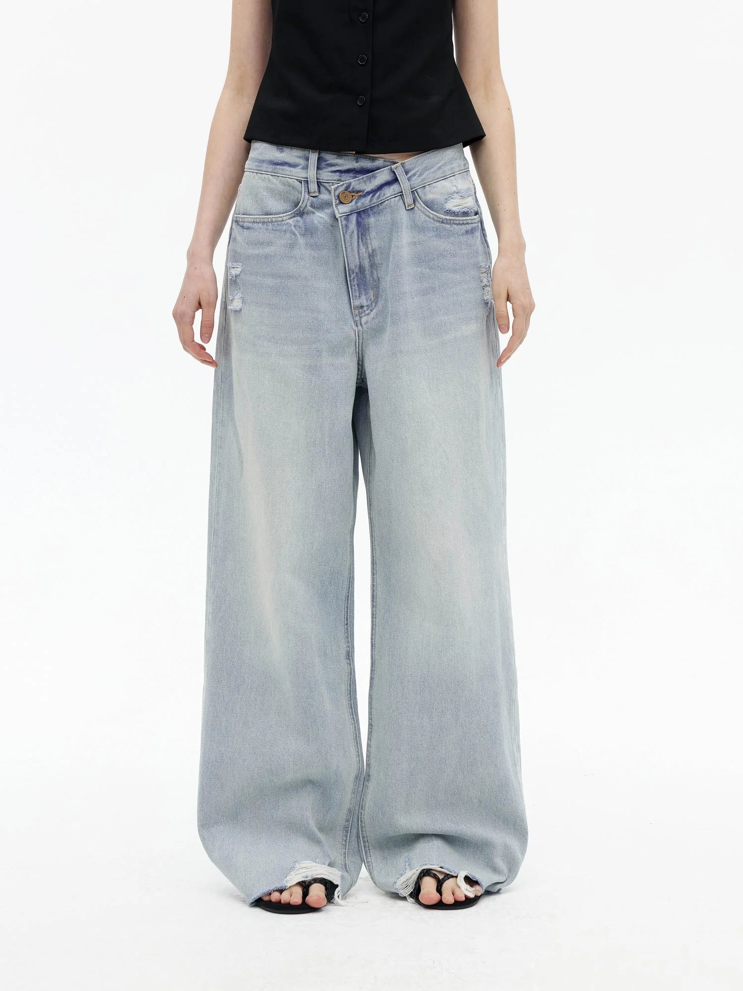 Light Wash Distressed Low Rise Straight Leg Jeans