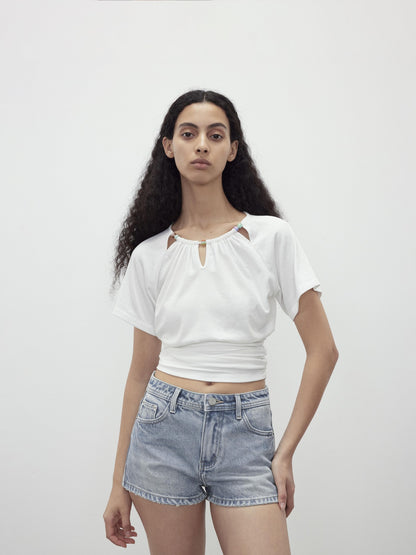 AFTADAWN Light Wash Distressed Raw Hem Low Waist Micro A Line Women&