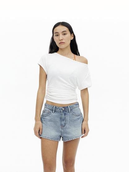 AFTADAWN Light Wash Distressed Raw Hem Low Waist Micro A Line Women&