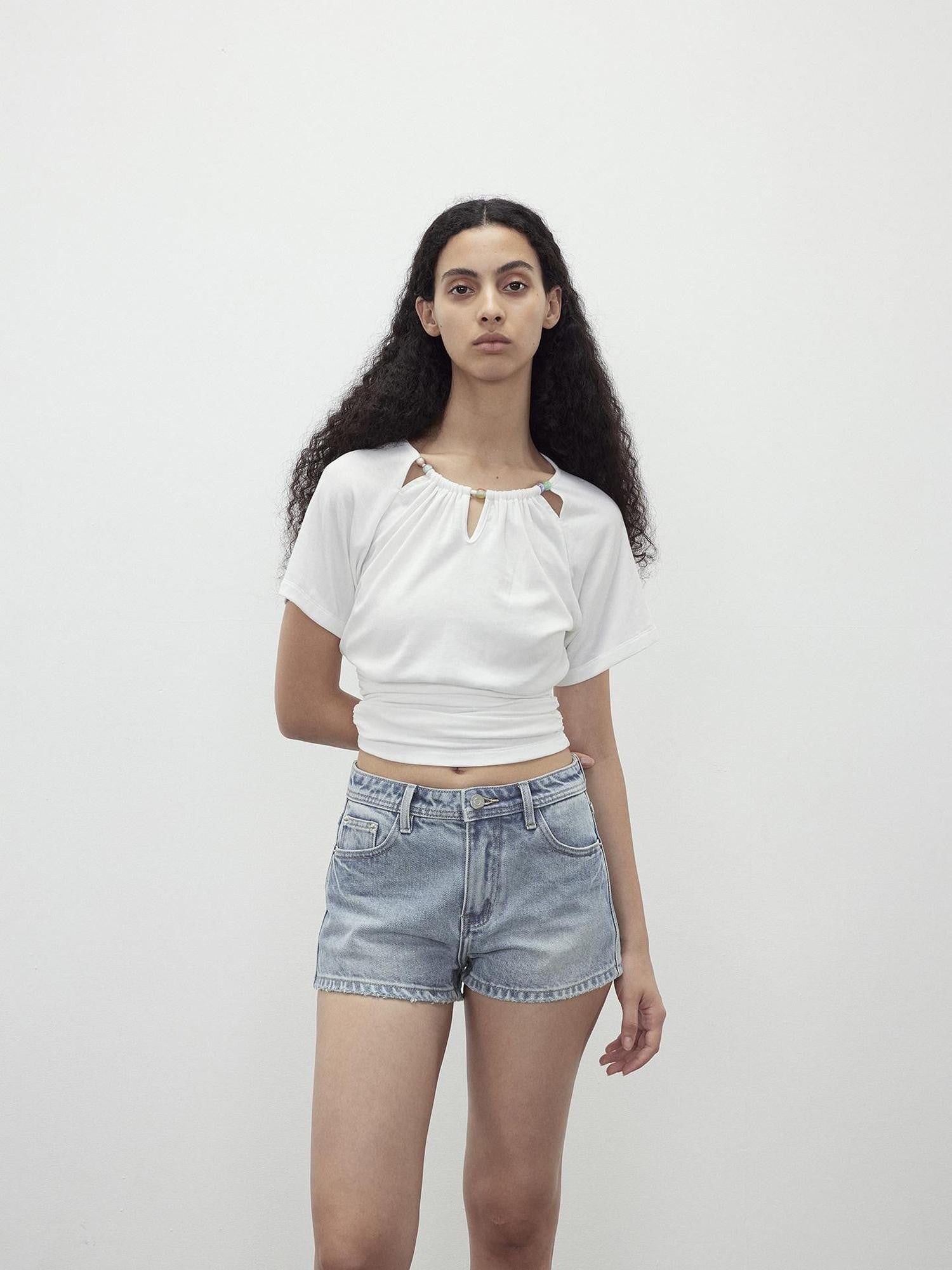 AFTADAWN Light Wash Distressed Raw Hem Low Waist Micro A Line Women&