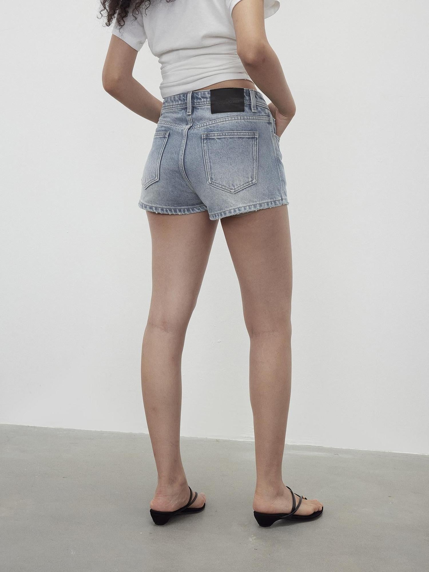 AFTADAWN Light Wash Distressed Raw Hem Low Waist Micro A Line Women&