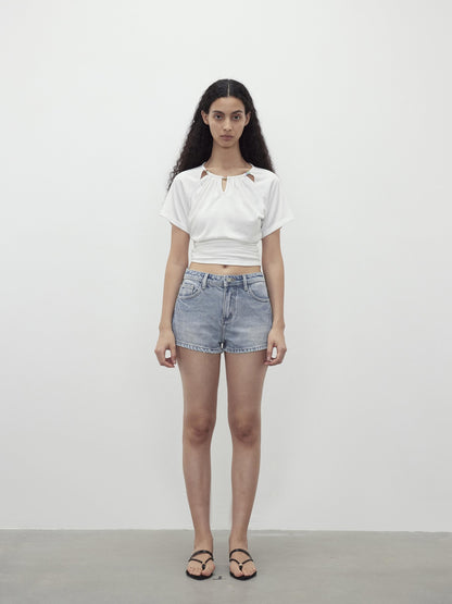 AFTADAWN Light Wash Distressed Raw Hem Low Waist Micro A Line Women&