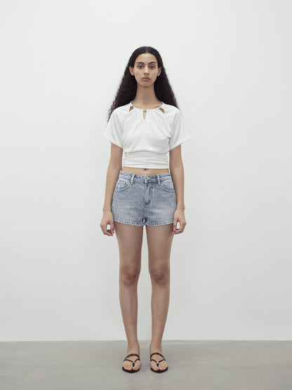 AFTADAWN Light Wash Distressed Raw Hem Low Waist Micro A Line Women&