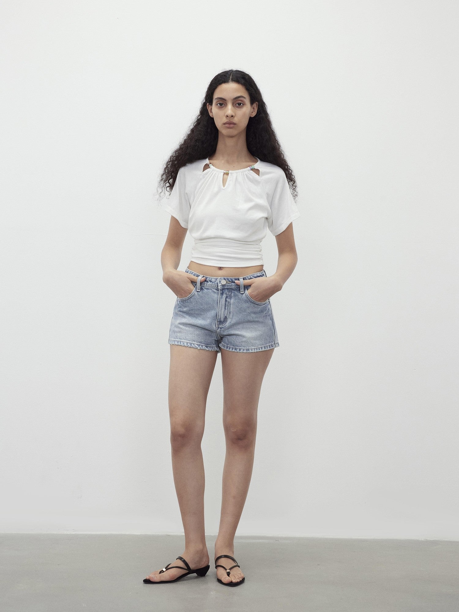 AFTADAWN Light Wash Distressed Raw Hem Low Waist Micro A Line Women&