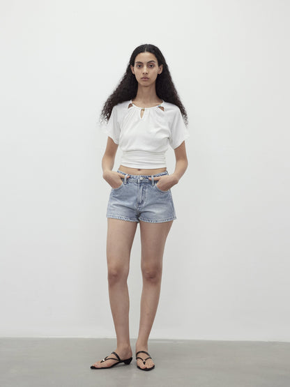AFTADAWN Light Wash Distressed Raw Hem Low Waist Micro A Line Women&