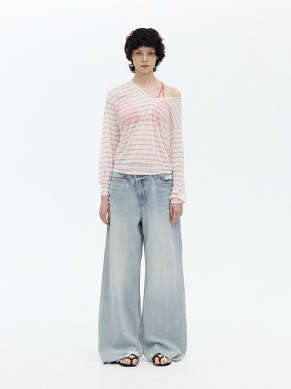 AFTADAWN Light Wash Ripped Low Rise Slanted Fly Women&