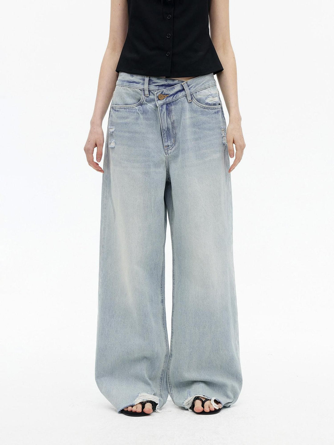 AFTADAWN Light Wash Ripped Low Rise Slanted Fly Women&