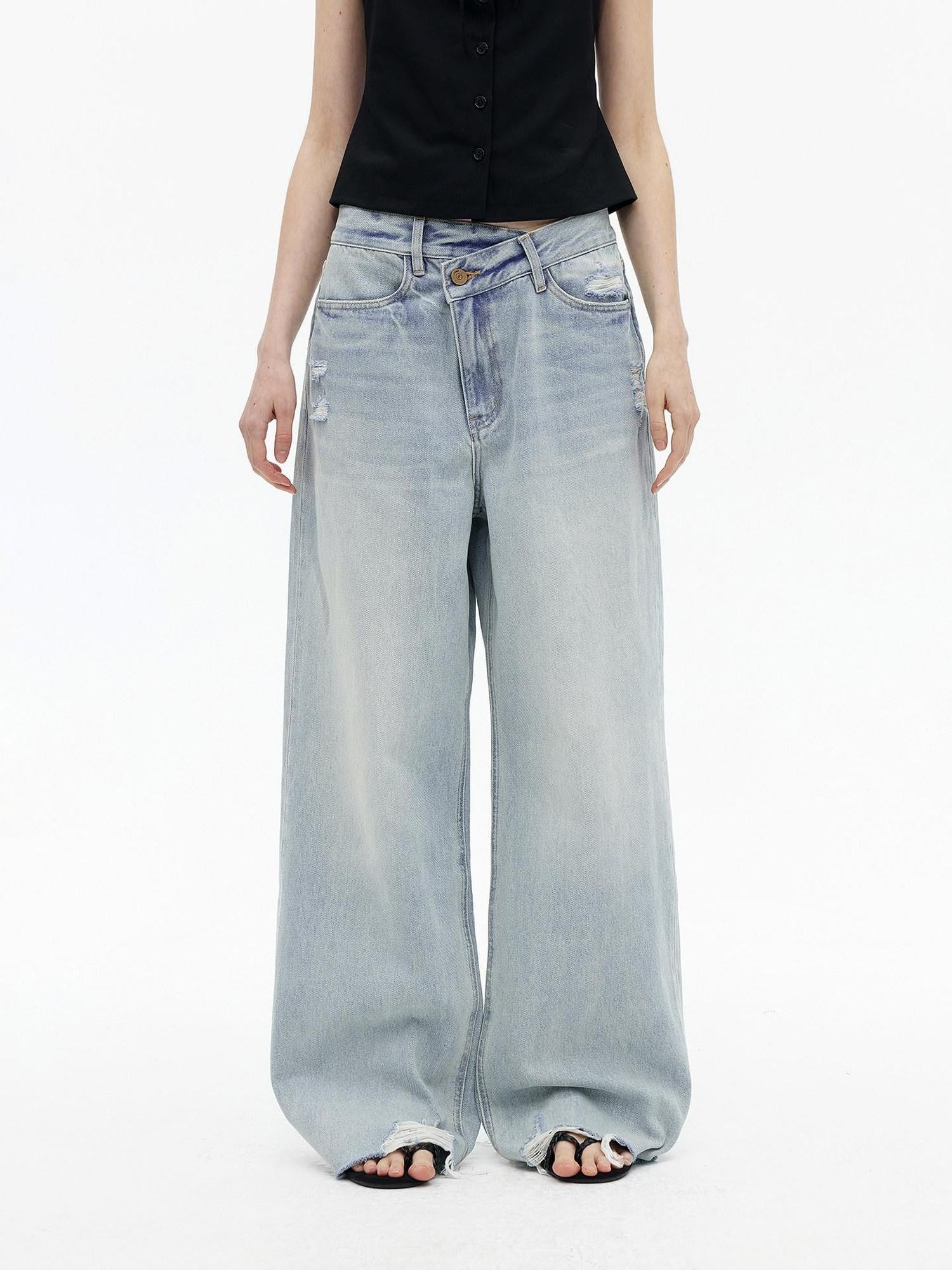 AFTADAWN Light Wash Ripped Low Rise Slanted Fly Women&