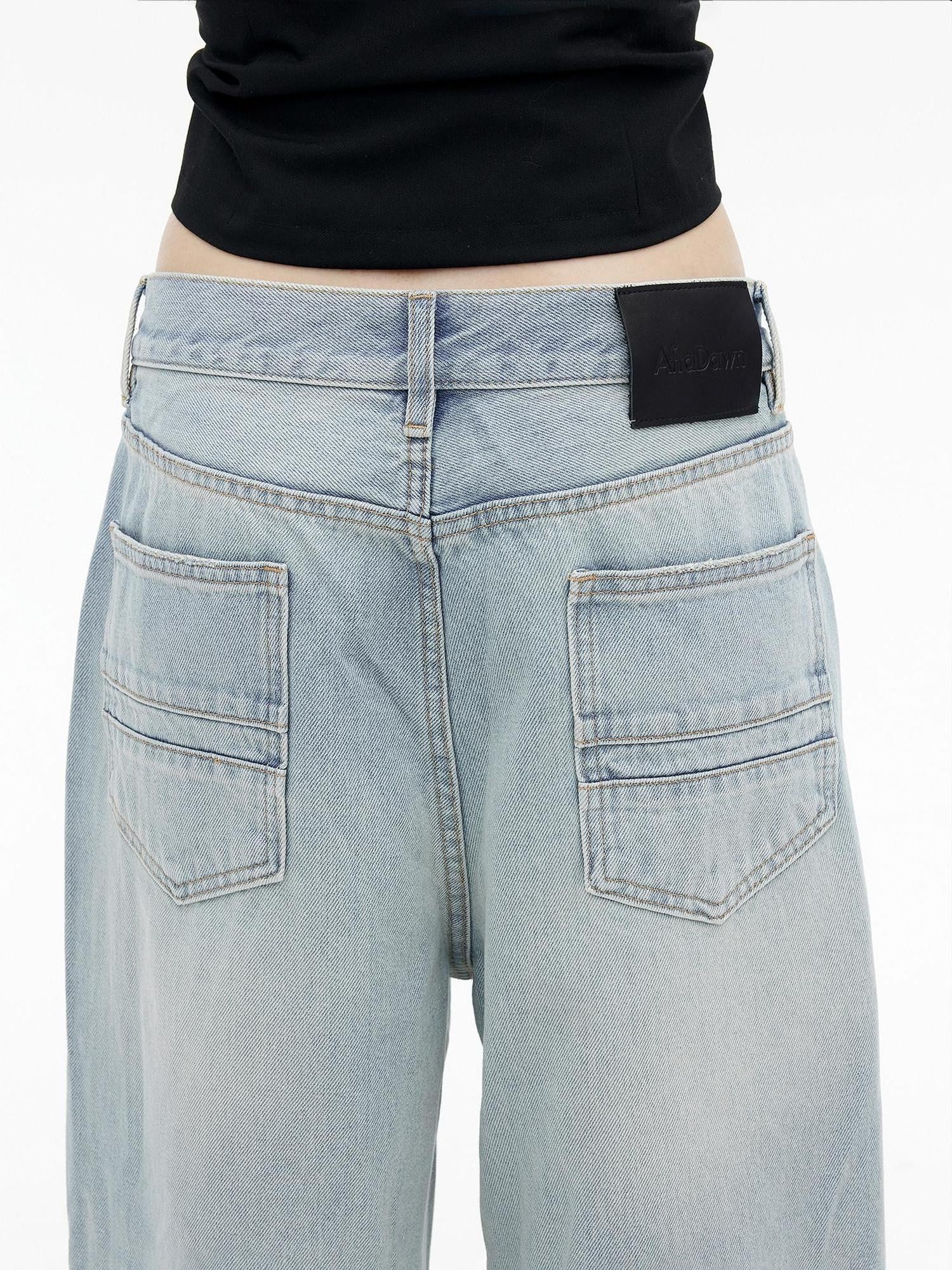 AFTADAWN Light Wash Ripped Low Rise Slanted Fly Women&