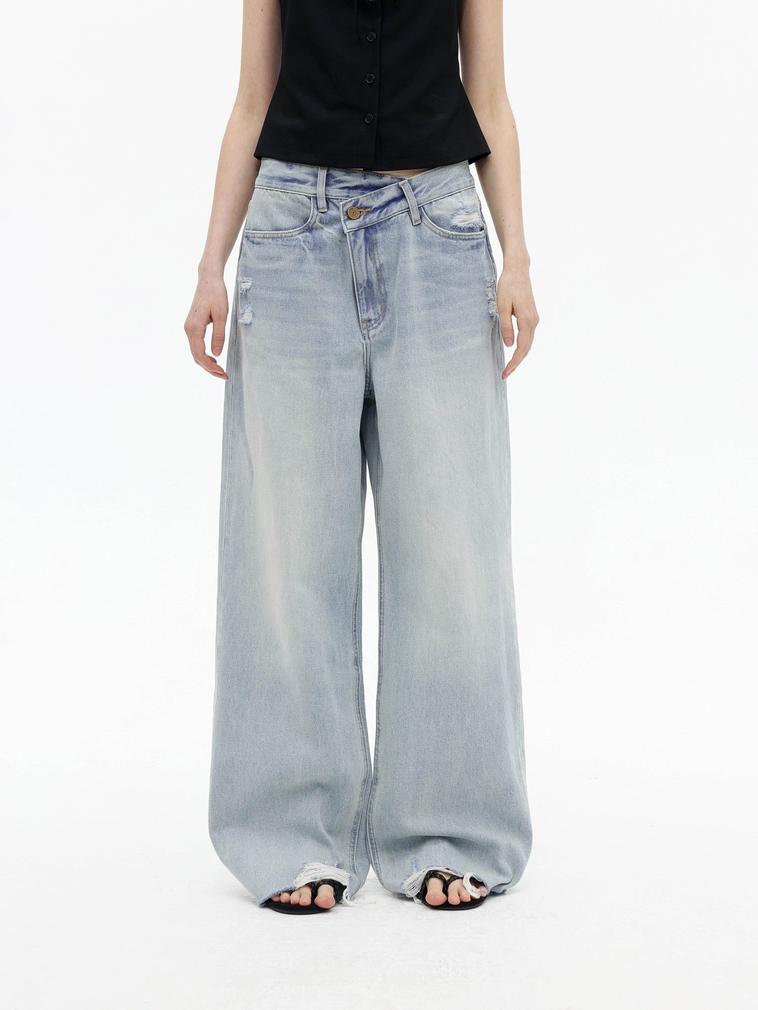 AFTADAWN Light Wash Ripped Low Rise Slanted Fly Women&