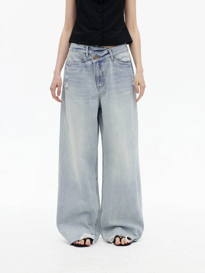 AFTADAWN Light Wash Ripped Low Rise Slanted Fly Women&