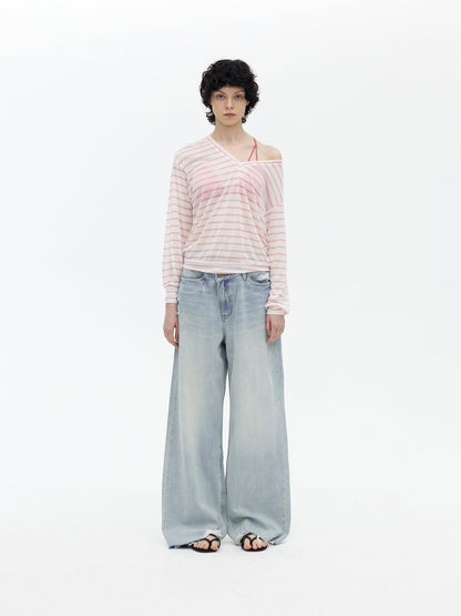 AFTADAWN Light Wash Ripped Low Rise Slanted Fly Women&