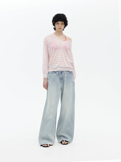 AFTADAWN Light Wash Ripped Low Rise Slanted Fly Women&