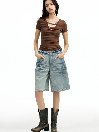 AFTADAWN Light Wash Whisker Distressed High Waist Wide Leg Women&