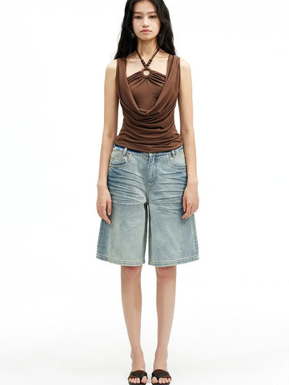 AFTADAWN Light Wash Whisker Distressed High Waist Wide Leg Women&