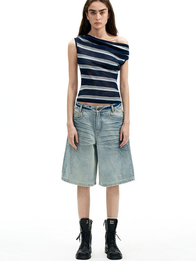 AFTADAWN Light Wash Whisker Distressed High Waist Wide Leg Women&