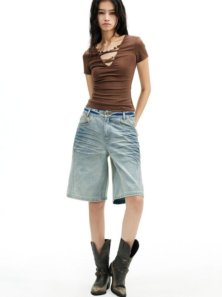 AFTADAWN Light Wash Whisker Distressed High Waist Wide Leg Women&