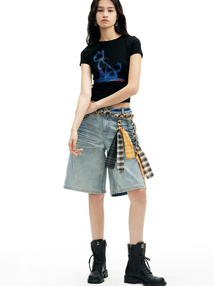 AFTADAWN Light Wash Whisker Distressed High Waist Wide Leg Women&