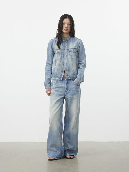 AFTADAWN Light Wash Whisker Stand Collar Short Side Pocket Women&