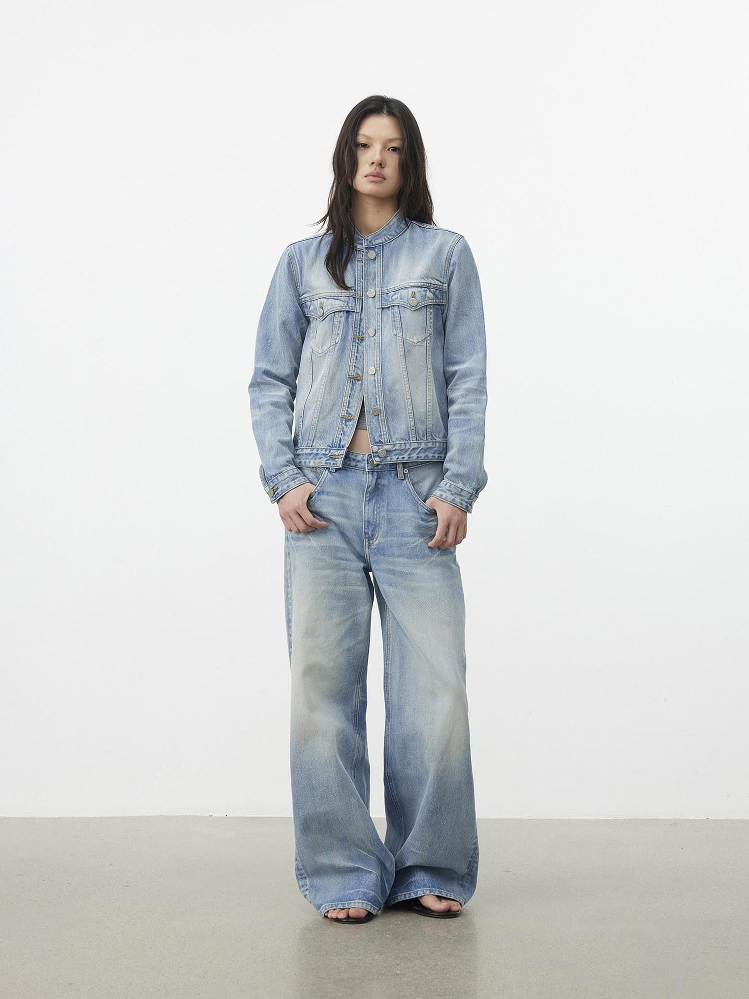 AFTADAWN Light Wash Whisker Stand Collar Short Side Pocket Women&